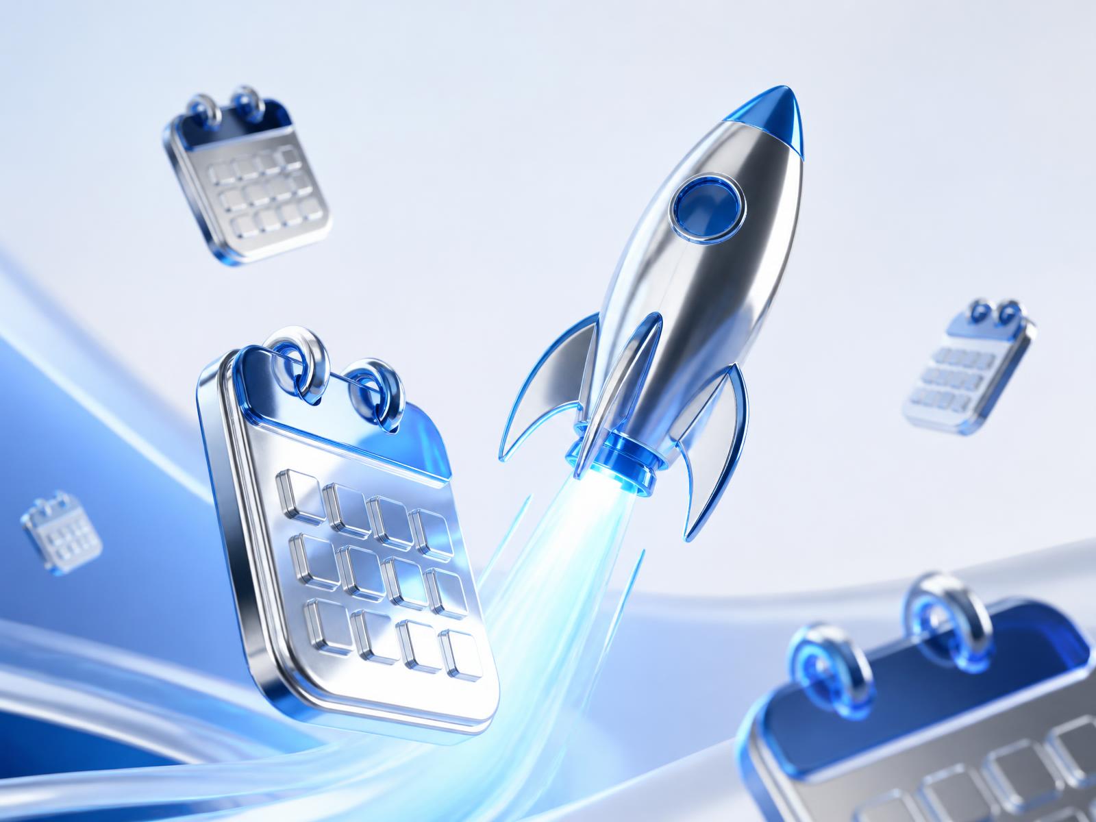 Chrome calendar pages and a blue rocket lifting off, representing daily content momentum